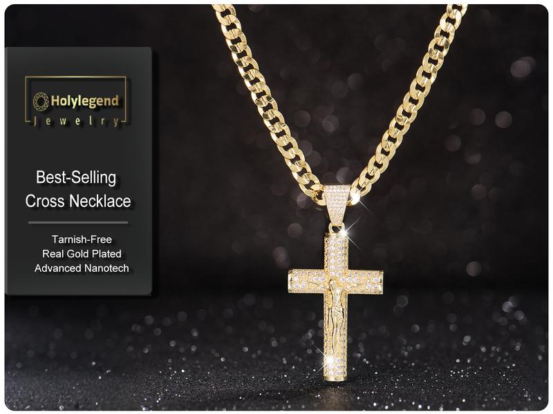 14K gold plating-Plated Cross Necklace for Men, Advanced Nanotech Tarnish-Free Cuban Figaro Rope Miami Chains with Jesus Crucifix Pendant, 24” Long , Christian Religious Jewelry Gift