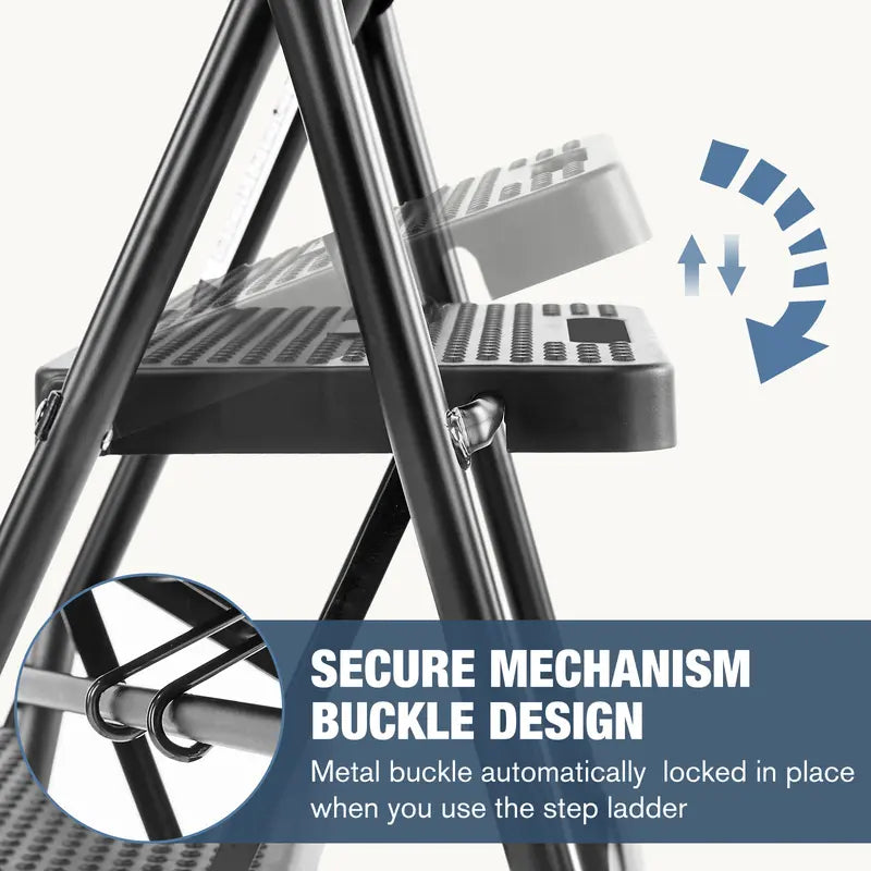 Step Ladder, Foldable Stool with Wide Pedal, Cushioned Handle, 800lbs Capacity for Home Kitchen and Outdoor, Black