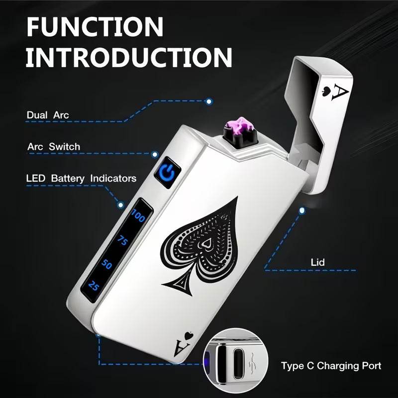 Windproof Double‑Arc Lighter – USB‑C Rechargeable, Parker‑Style Design, Spade‑A Pattern, Wind‑Resistant – Perfect for Candles, Incense Sticks, Camping & Hiking, Men’s Gift