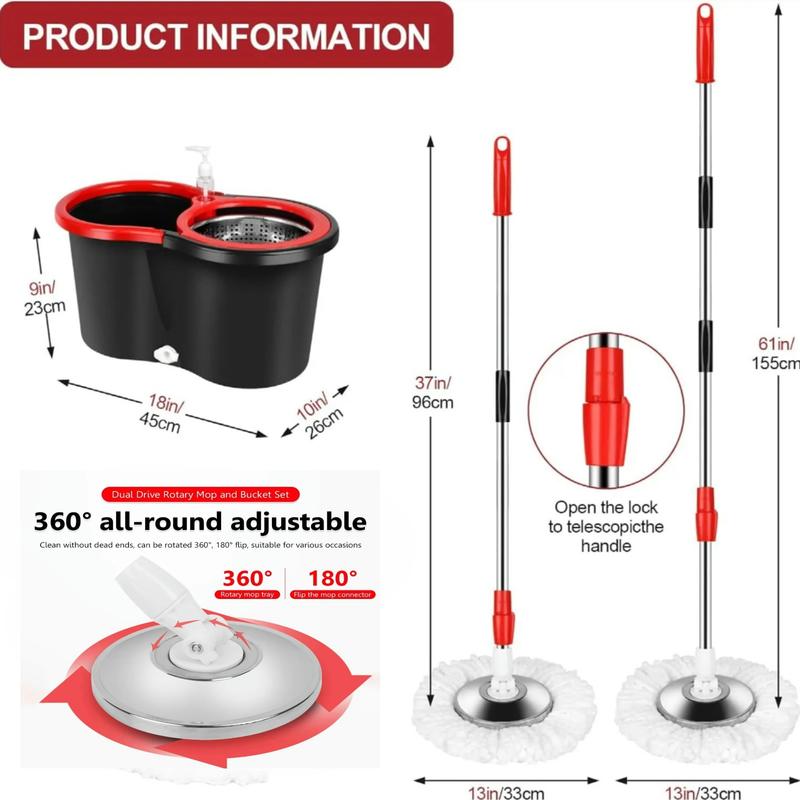 Spin Mop Bucket with Wringer Set, Operable 360 ° Rotating Mop Bucket Set, with 3 Microfiber Replacement Head ,Stainless Steel Mop Bucket 61 Inch Adjustable Handle Household Cleaning Tools Black Plastic