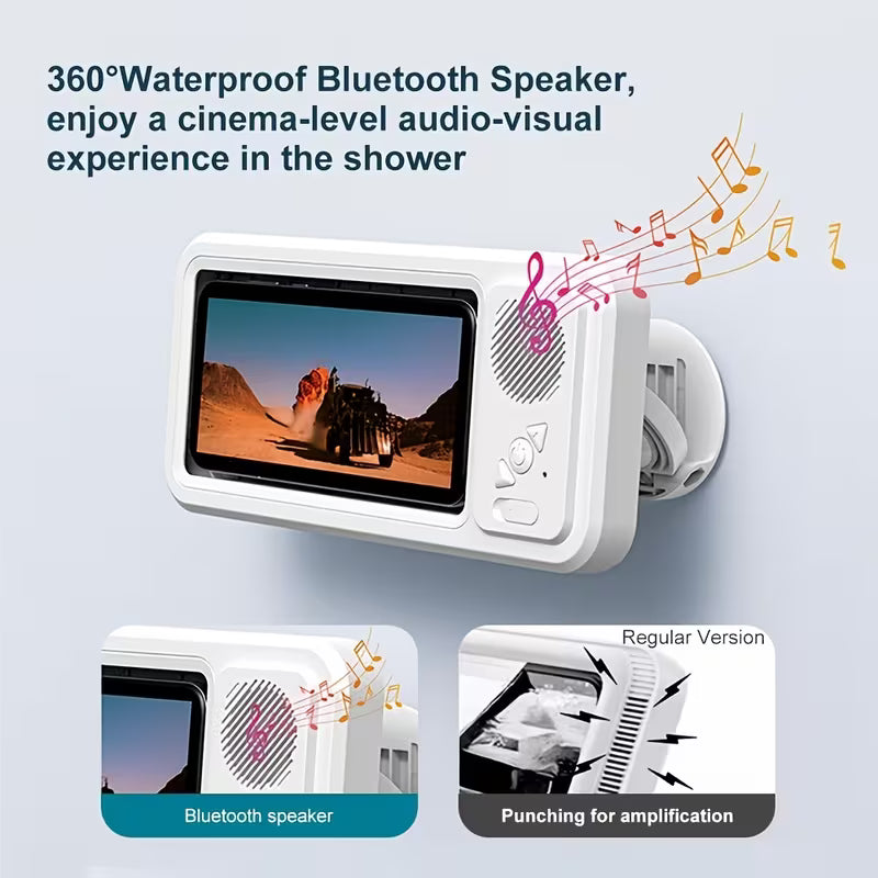 2026 New Shower Bluetooth Speaker & Phone Holder, IPX5 Waterproof, 360‑Degree Rotatable Viewable Mount for Bathtub, Kitchen, Mirror, Fits 4‑6.8 Inch Phones