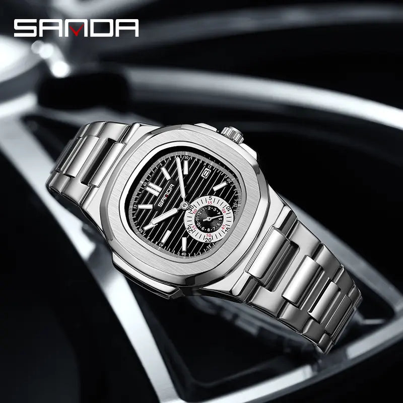 Valentine's Day Stainless Steel Square Dial Watch for Men – Analog Quartz, Date & Week Display, Waterproof, Luminous, Perfect for Everyday & Gifting image 2
