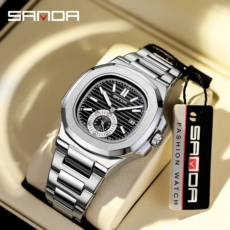 Valentine's Day Stainless Steel Square Dial Watch for Men – Analog Quartz, Date & Week Display, Waterproof, Luminous, Perfect for Everyday & Gifting image 4