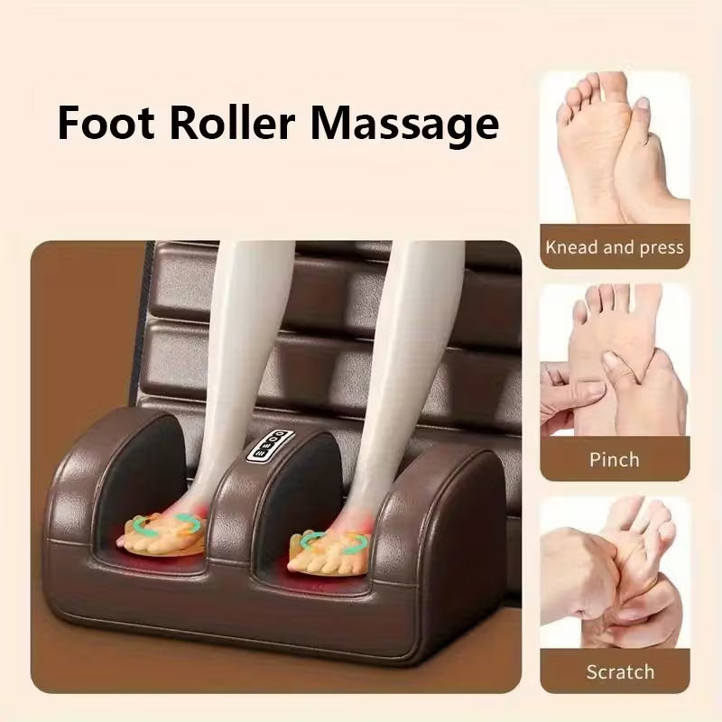 Large Brown Full Body Heating Massager Set, 2 Kinds of PU Material, with Neck & Foot Massage Devices, Massage Headrest & Lumbar Pillow, Timing Vibration Massager, Comfortable Wear-Resistant, Anti-Slip Base, Suitable for Home Use