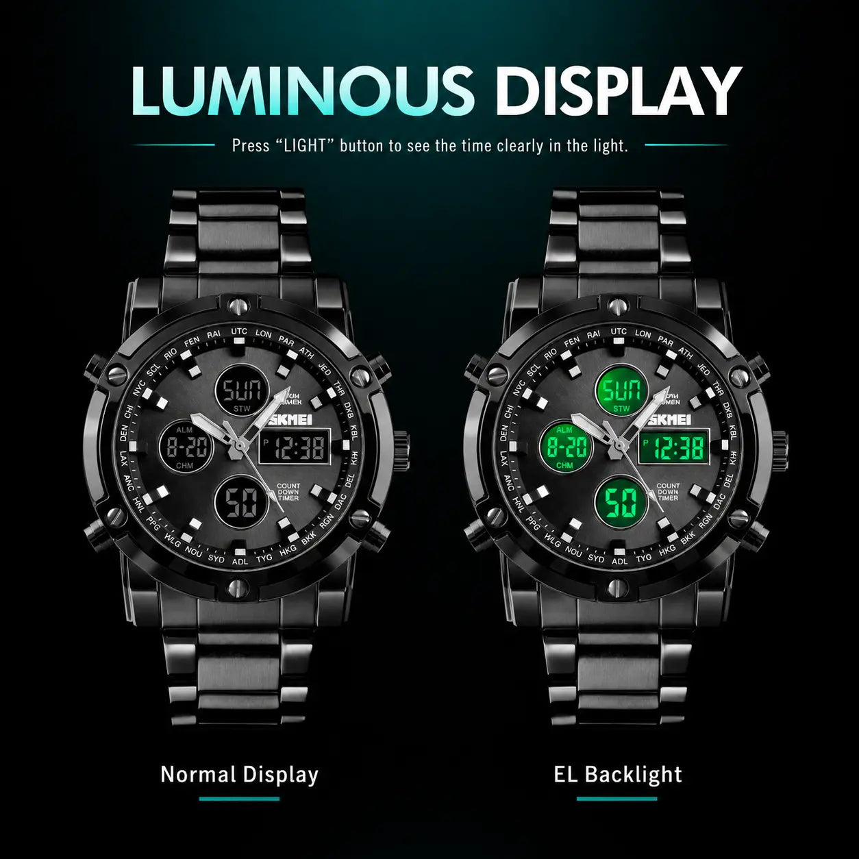 SKMEI Men's Casual Digital Quartz Watch, 48mm Big Face Analog-Digital Display with Stainless Steel Band, 30M Waterproof, Stopwatch, and Backlight, Casual Watch image 5
