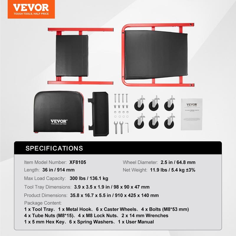 Foldable Z Garage Creeper, 36 in, 300 lbs Load Capacity Rolling Folding Mechanic Creeper Stool, with 6 Wheels Tool Tray Padded Seat Steel Frame, Lay Down or Sit Chair for Garage Shop or Home