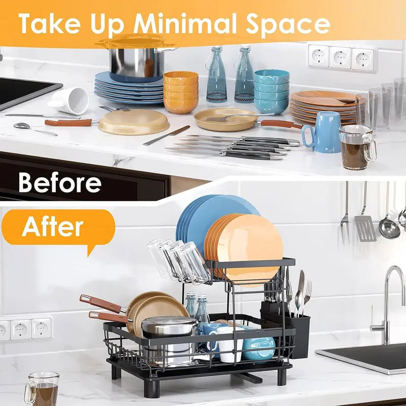2 Tier Dish Drying Rack for Kitchen Counter Metal Dish Racks Drainers with Knife Cup Utensil Holder