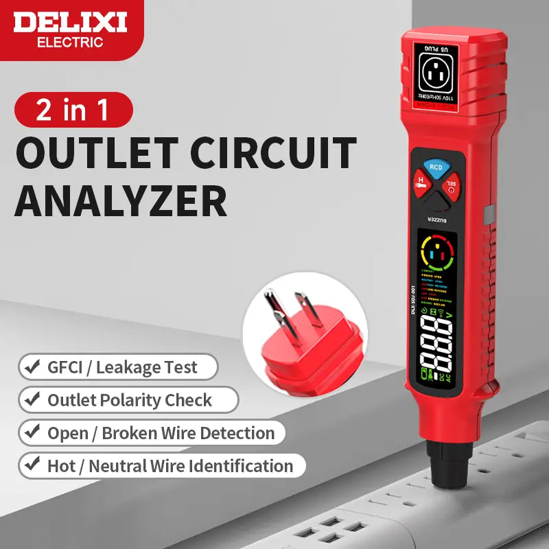 DELIXI 2 in 1 Outlet Circuit & Voltage Tester Pen, 2–440V AC Voltage Detector with NCV Function, Integrated GFCI Outlet Tester & Polarity Check, LCD Display, Audible Alarm & Flashlight, 3 Prong AC Voltage Socket Checker, Wiring Fault Detector