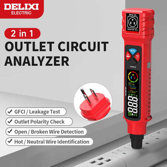 DELIXI 2 in 1 Outlet Circuit & Voltage Tester Pen, 2–440V AC Voltage Detector with NCV Function, Integrated GFCI Outlet Tester & Polarity Check, LCD Display, Audible Alarm & Flashlight, 3 Prong AC Voltage Socket Checker, Wiring Fault Detector