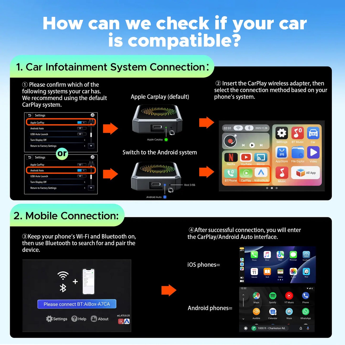【Summervibes】【CHECK COMPATIBILITY】LAMTTO 2026 Wired CarPlay to Wireless Adapter - Built-in Android System for Netflix/YouTube/TikTok - ONLY for Wired CarPlay/AA Vehicles - NOT for Wireless CarPlay | Car Video Players