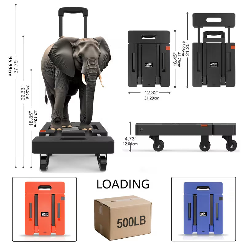 Folding Hand Trolley, 500 LB Heavy‑Duty Luggage Cart, Multi‑Purpose Flatbed Dolly with 6 Wheels & 2 Elastic Tie‑Down Straps, Detachable Silent Portable Trailer for Travel, Hauling, Shopping & Office Use, Wholesale Available