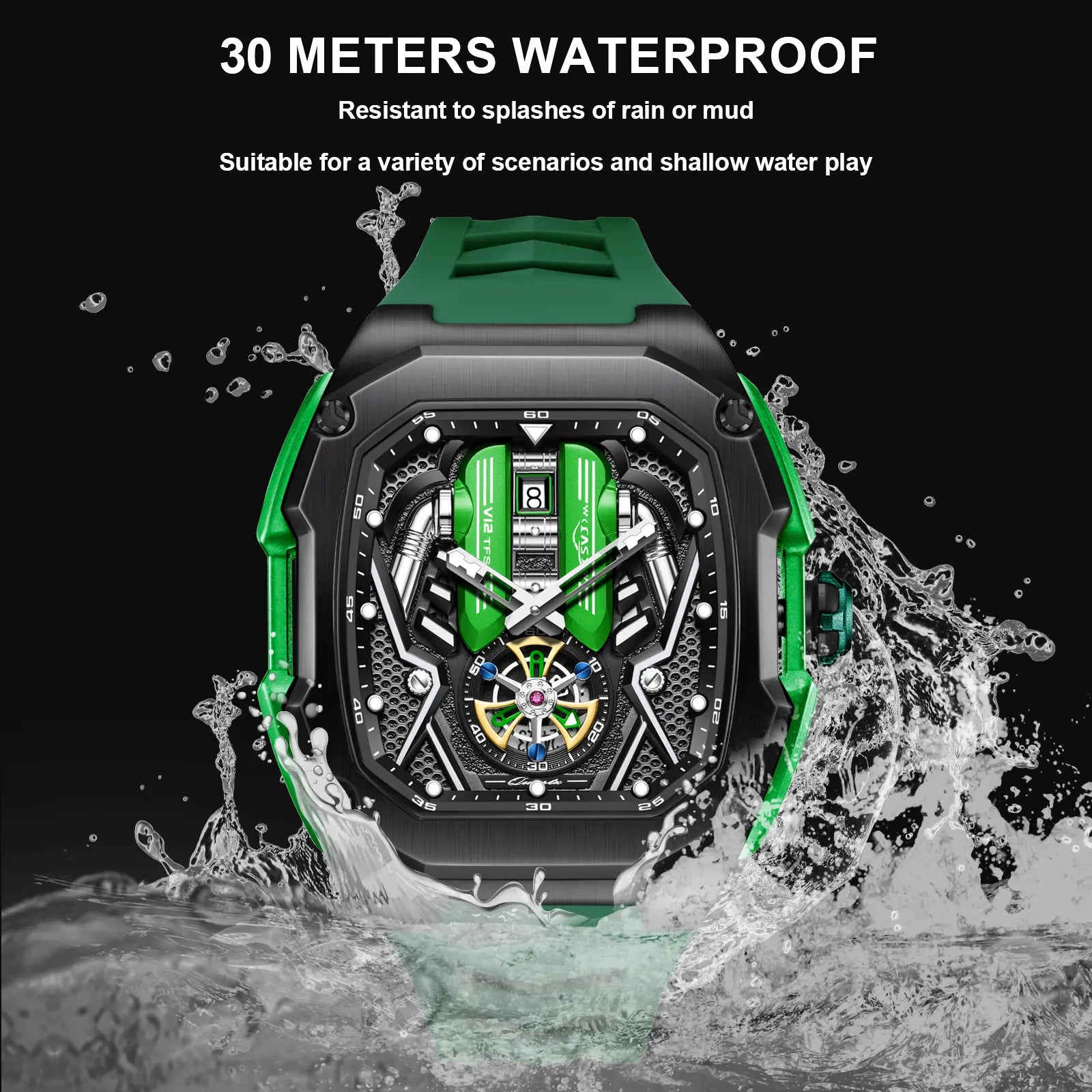 V12 trendy wristwatch Phantom Series Chronograph Calendar，watches for men，Watch With Quartz Movement, Men's Watch, Black Dial, Gift Box, Simple, Waterproof, Luminous Watch image 4