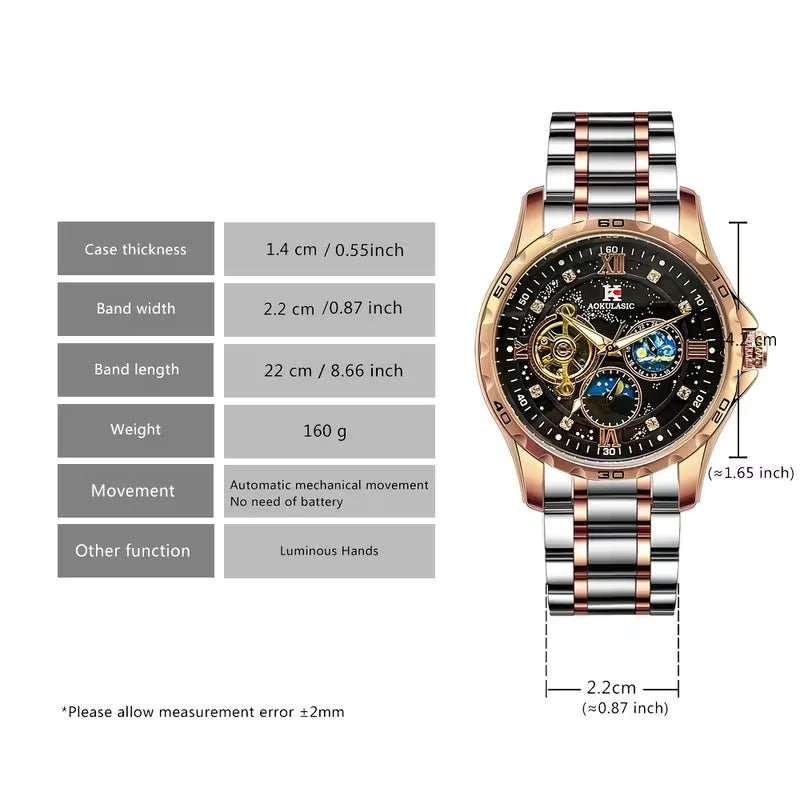 AOKULASIC Men Tourbillon Skeleton Automatic Mechanical Watch, Diamond Starry Luminous Dial, Moon Phase Function, Large Dial Waterproof Wristwatch，Business Casual Men Watch, Christmas New Year Thanksgiving Birthday Gift for Men