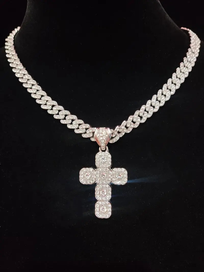Hip Hop Artificial Diamond Cross Pendant Necklace As Gift, Elegant Rhinestone Necklace, Rhinestone Cuban Chain Link Necklace for Men Women, Streetwear Matching Chunky Rhinestone Decorated Jewelry for Daily, Cuban Link Design