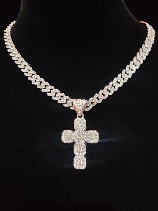 Hip Hop Artificial Diamond Cross Pendant Necklace As Gift, Elegant Rhinestone Necklace, Rhinestone Cuban Chain Link Necklace for Men Women, Streetwear Matching Chunky Rhinestone Decorated Jewelry for Daily, Cuban Link Design