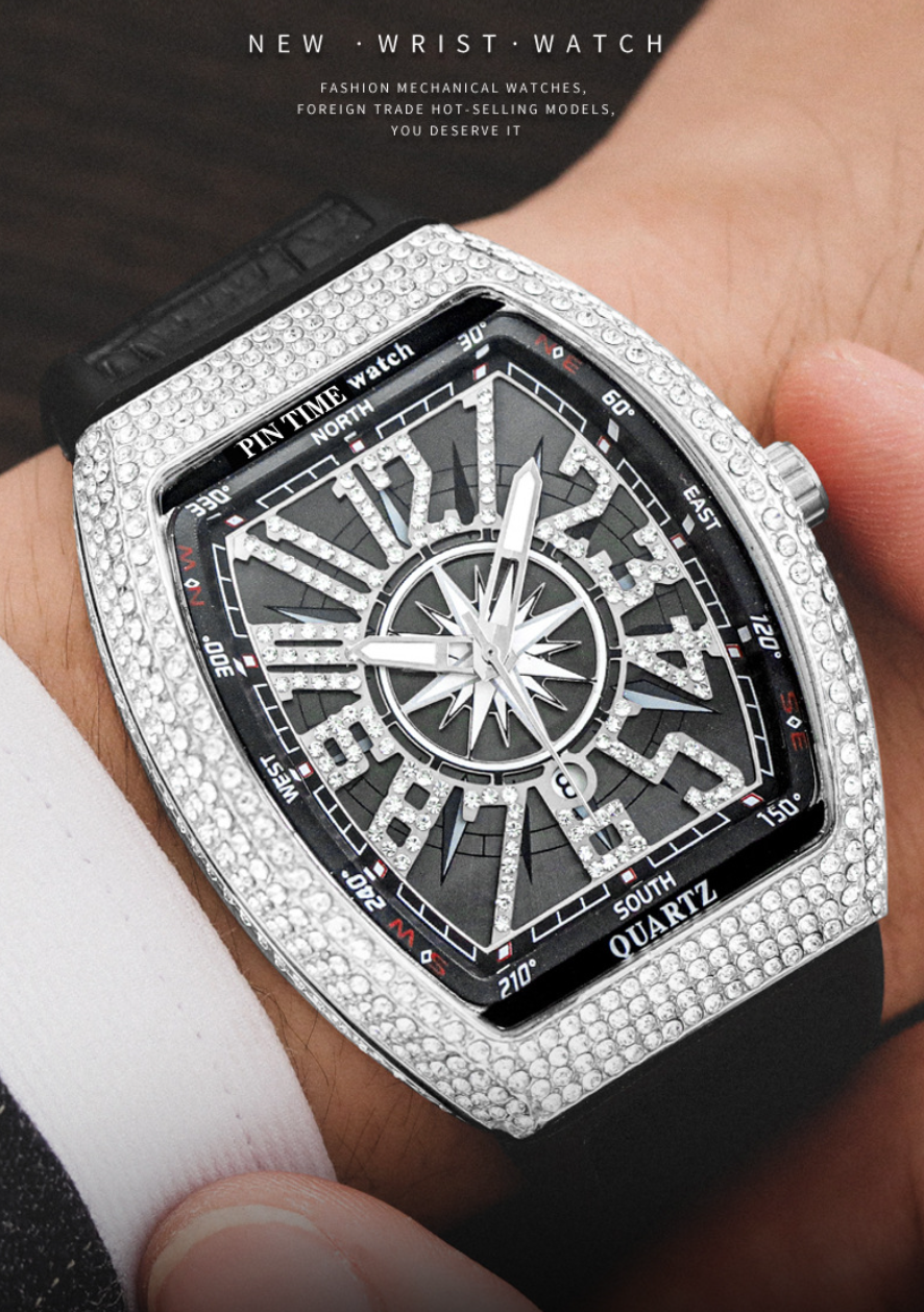 Luxury Rhinestone Quartz Watch, Large Dial Royal Style Unisex, Square Analog Face, Mineral Glass, Casual Design, All Seasons