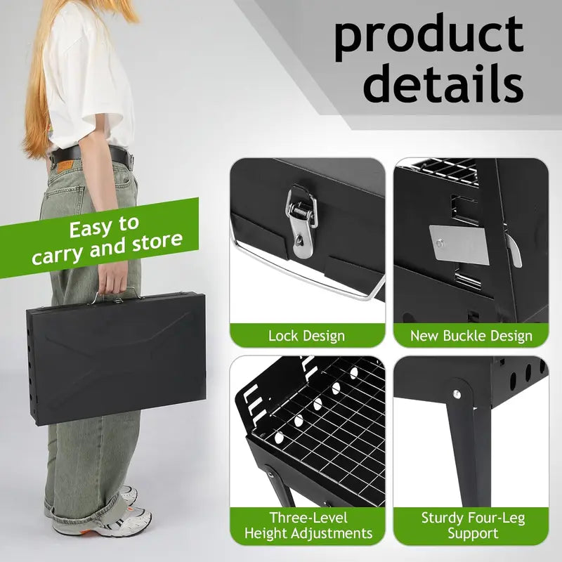 Tiny Small Portable Charcoal Grill, 17x10x18 in. Outdoor Foldable BBQ Grill with Barbecue Accessories & Lid for Cooking Camping Picnic Hiking Beach Party Patio Smokers