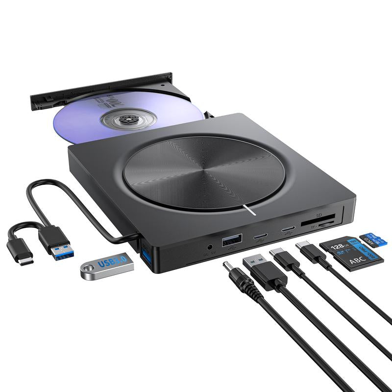 DVD Player, Plug and Play CD-ROM Drive for PC & Laptop, High-Speed 8 in 1 USB 3.0 CD/DVD Burner, Compatible with Mac, Windows 11/10/8/7 Portable