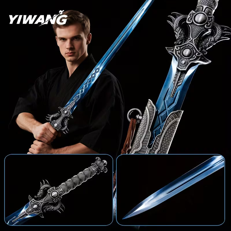 Shuanglong Handmade Chinese Jian Sword – 1060 High Carbon Steel Full Tang Blade, Blue Engraved Surface, Double Dragon Handle, Luxury Scabbard, Blunt Edge for Safe Display & Gift