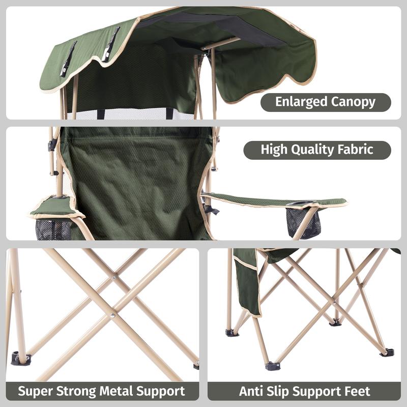 New Upgrade Wide outdoor chair, camping chair with foldable sunshade, suitable for beach camping, foldable outdoor fishing/sports | Comes with two cup holders and storage bag