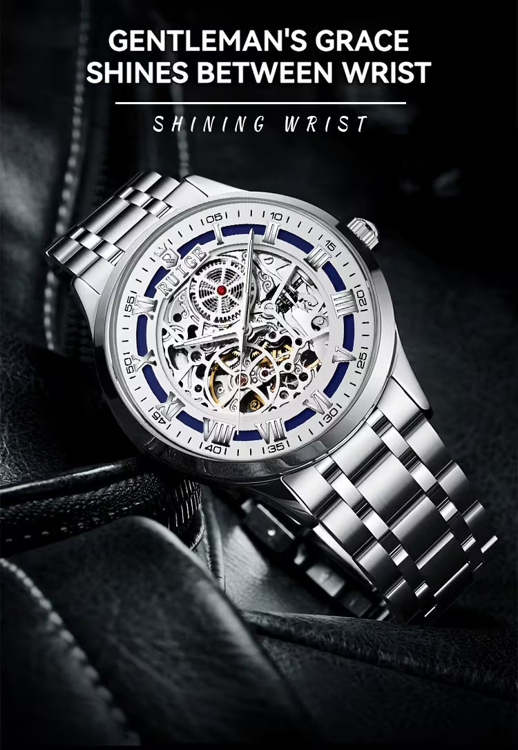 RUIGE Double-Skeleton Automatic Mechanical Watch – Dual-Side Exhibition Case, Stainless Steel Bracelet, Luminous Dial, 30M Waterproof for Business & Casual Wear