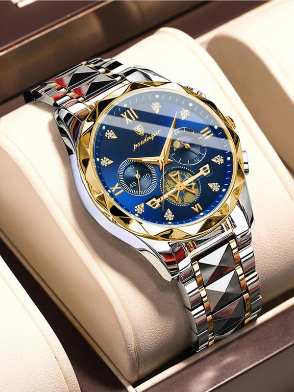 Men's Business Fashion Round Dial Stainless Steel Strap Quartz Watch, Waterproof Luminous Chronograph Watch with Box, Wristwatch for Party, Daily Decor, Trendy Watch