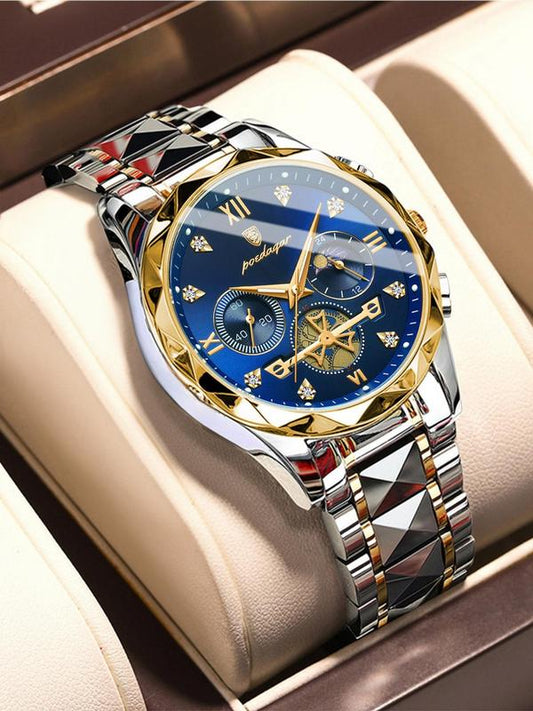 Men's Business Fashion Round Dial Stainless Steel Strap Quartz Watch, Waterproof Luminous Chronograph Watch with Box, Wristwatch for Party, Daily Decor, Trendy Watch