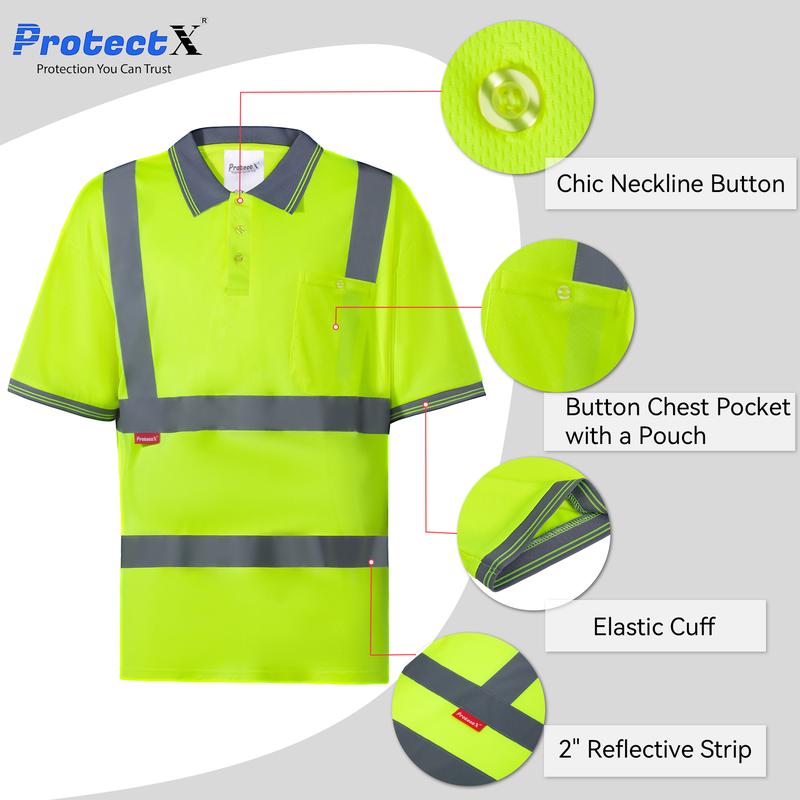 ProtectX High Visibility Short Sleeve Reflective Safety Polo T-Shirt, Heavy Duty Breathable Hi Vis Shirts, For Men And Women