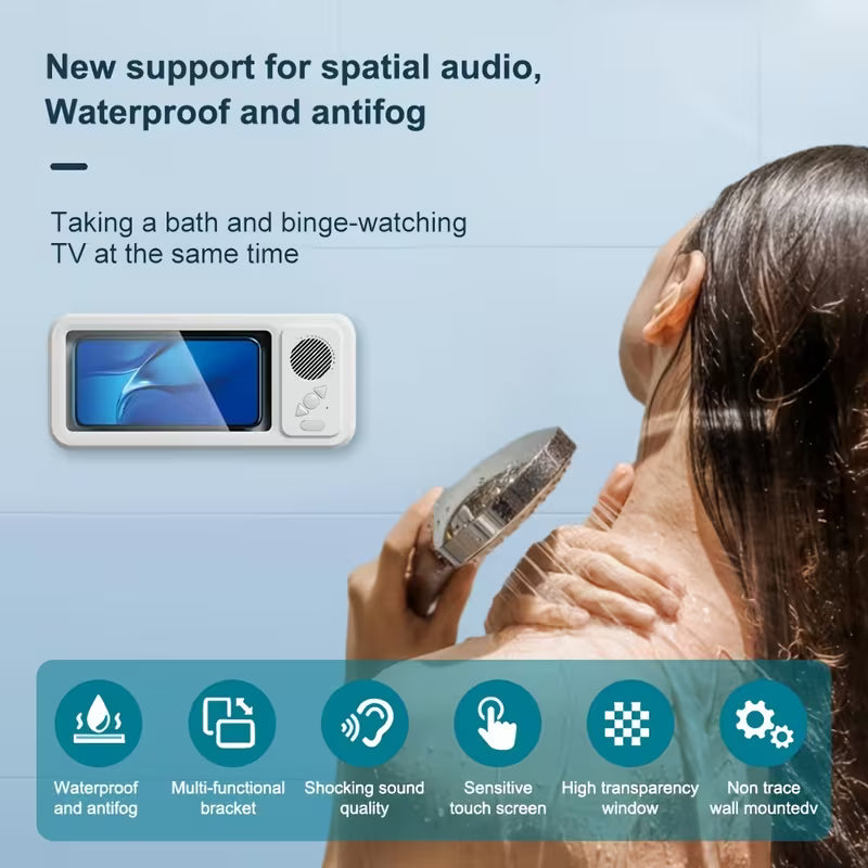 2026 New Shower Bluetooth Speaker & Phone Holder, IPX5 Waterproof, 360‑Degree Rotatable Viewable Mount for Bathtub, Kitchen, Mirror, Fits 4‑6.8 Inch Phones