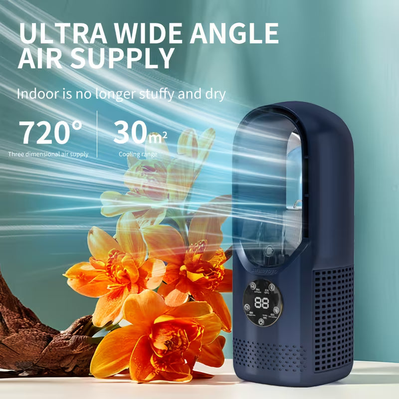 Portable USB Tower Bladeless Mini Fan – Mist Cooling, Touch Screen & Remote Control, 7-Colour LED Light, Timer & Auto Power Off, Quiet Design – Perfect for Office, Travel, Camping & Home Use