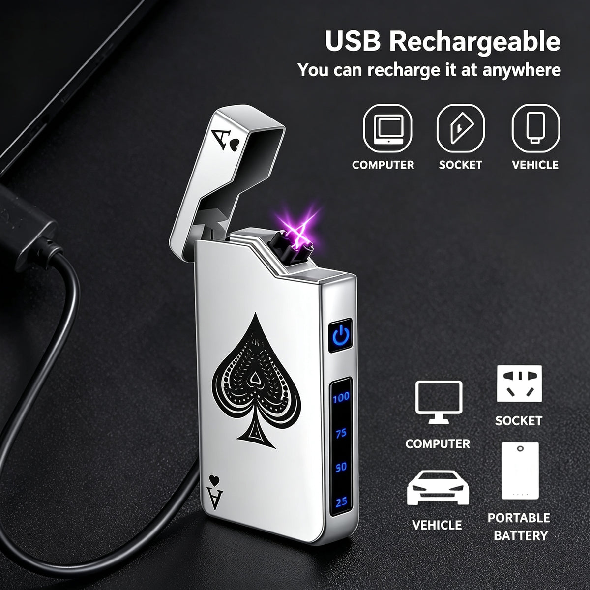 Windproof Double‑Arc Lighter – USB‑C Rechargeable, Parker‑Style Design, Spade‑A Pattern, Wind‑Resistant – Perfect for Candles, Incense Sticks, Camping & Hiking, Men’s Gift