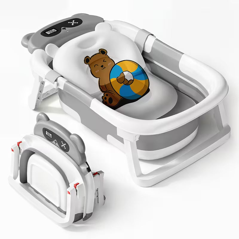 3‑Fold Smart Temperature‑Sensing Baby Bathtub, Home Use Newborn Bath Tub, Sit & Lie Supported, Collapsible Infant Shower Tub for Baby Bathing