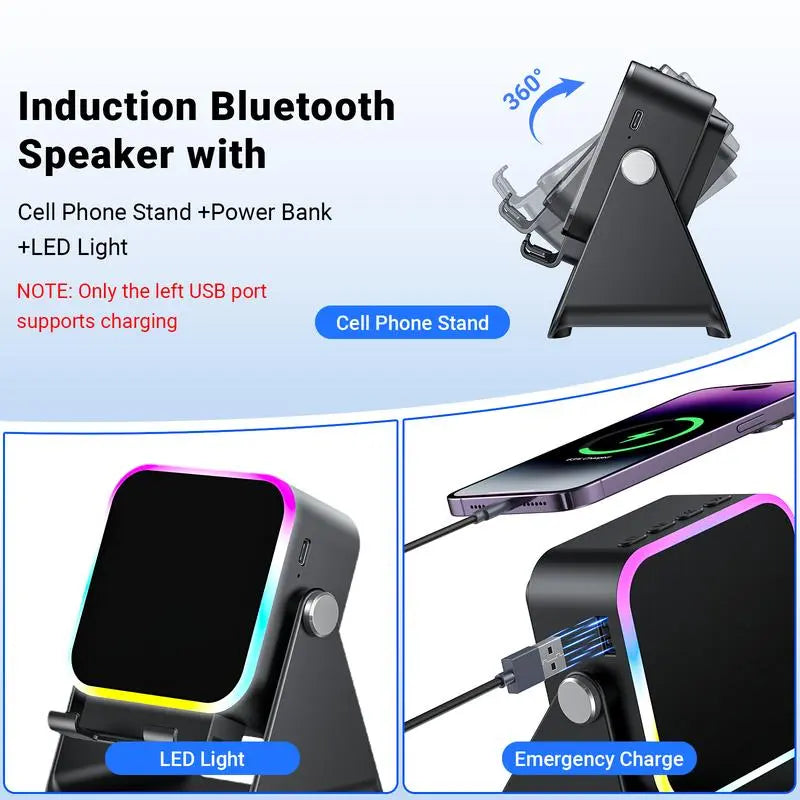 Wireless Induction Audio Speaker Stand, 5in1 Cellphone Holder, 1500mAh Rechargeable Emergency Power Bank,360° Adjustable Mobile Tablet Stand with Colorful Ambient Light Gifts for Men Women,Play continuously for 5 hours  BlackFriday