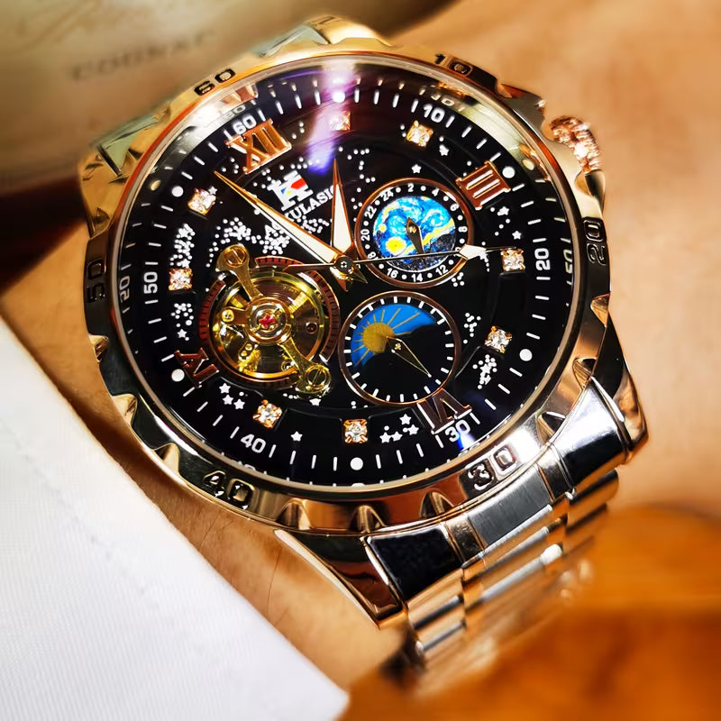 AOKULASIC Men Tourbillon Skeleton Automatic Mechanical Watch, Diamond Starry Luminous Dial, Moon Phase Function, Large Dial Waterproof Wristwatch，Business Casual Men Watch, Christmas New Year Thanksgiving Birthday Gift for Men