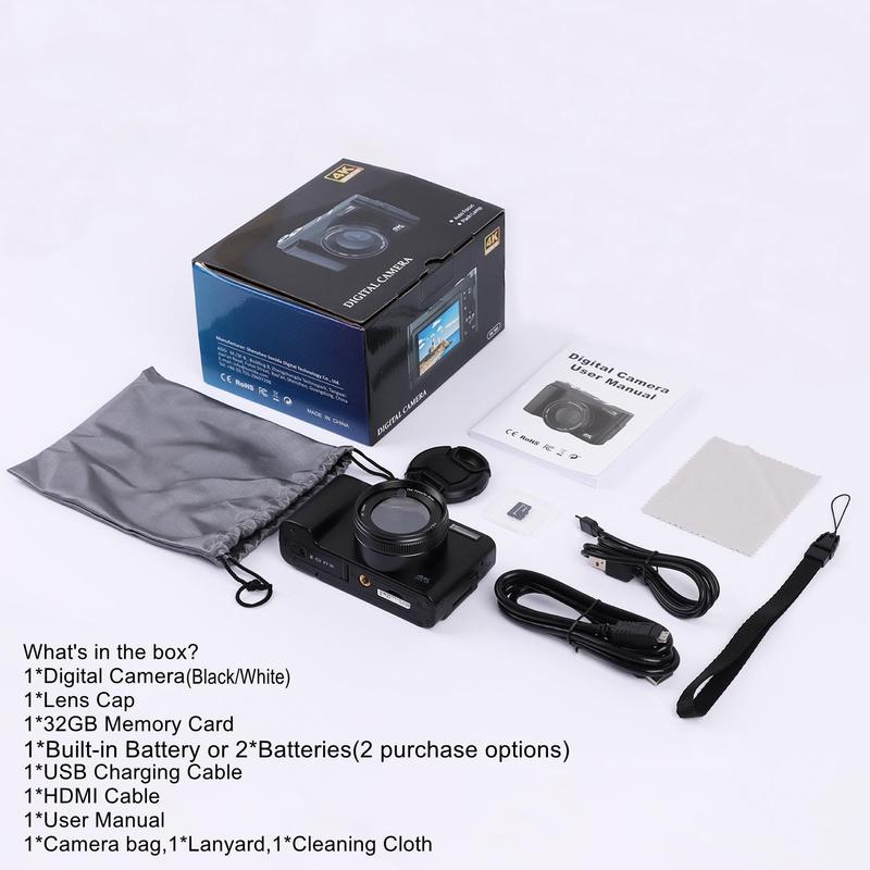 GLOBAL PICK 4K Digital Camera, 48MP Vlogging Photo Camera, Compact Electronics 16X Zoom Camera with Flip Screen, 32G SD Card, Summer Gift, Portable Camera with Dual Batteries / Single Battery, Black