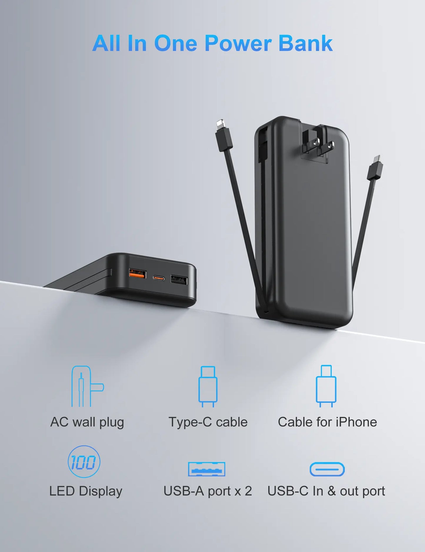 Summerwins 20000mAh Portable Power Bank - Compact, 22.5W Max Fast Charging, Built-in Wall Charger, Foldable AC Plug, Built-in Cable for iPhone 15 Series, Galaxy, USB-C Android Smartphones, Devices, Travel Use image 2