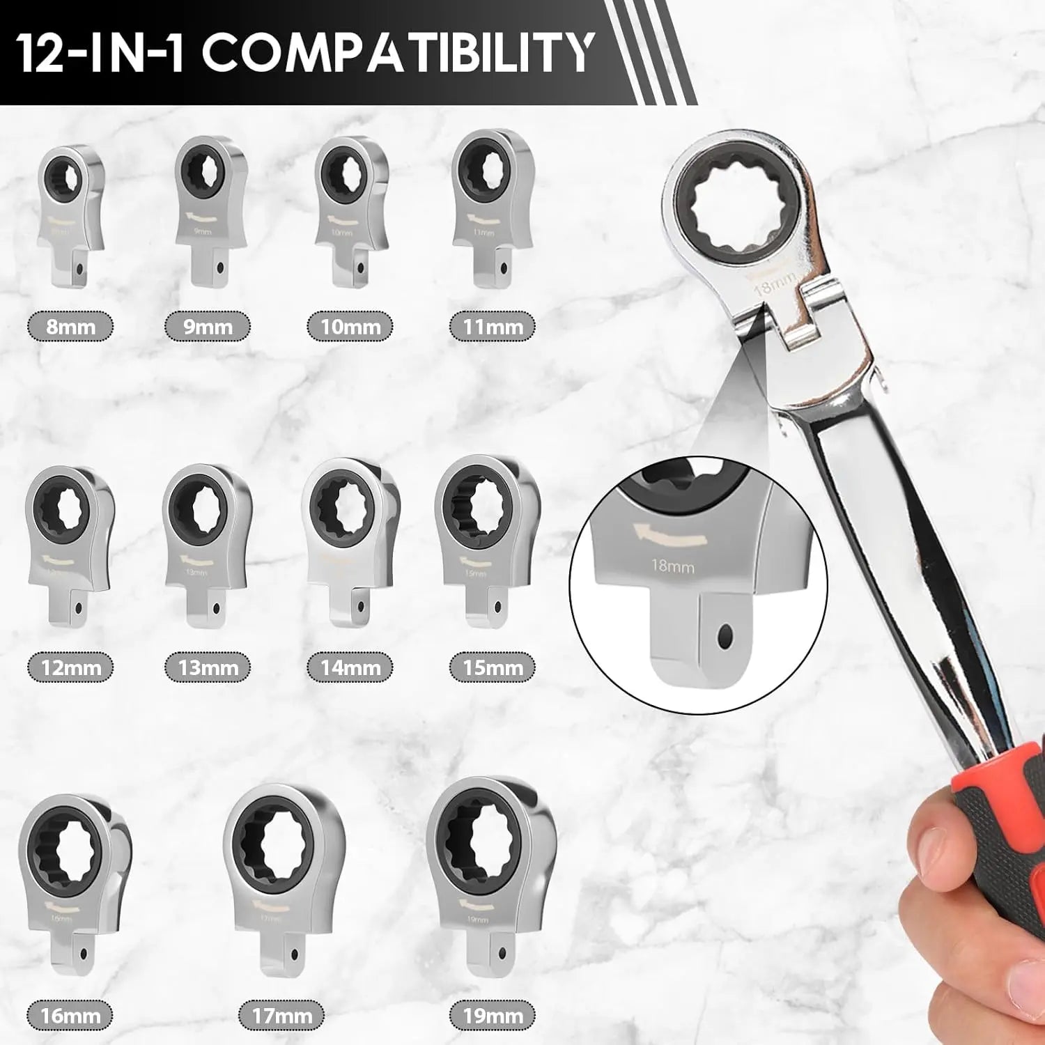 12-in-1 Interchangeable Flex Head Ratchet Wrench Set, Metric 8-19mm, 72-Tooth Flex Head Wrench for Tight Spaces, Automotive Repair Tool Kit for Mechanics Father's Day Gift image 2
