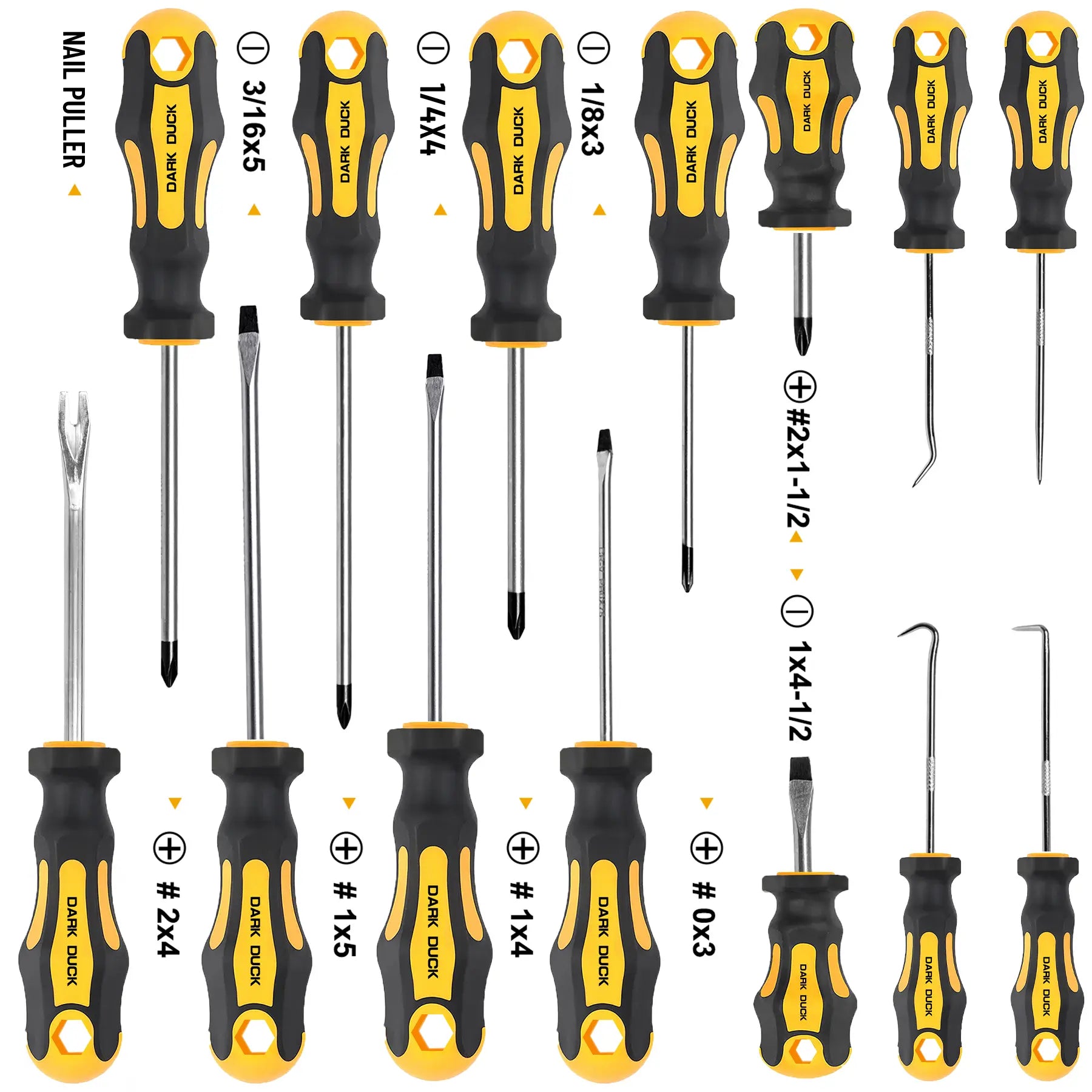 DARK DUCK 16pcs Magnetic Screwdriver Set, Chrome Vanadium Steel, Lemon Yellow, Polished Finish, Flat & Phillips Heads,Nail Puller Includes Pick & Hook Tools, for Mechanics, Construction, Carpentry Hardware image 2