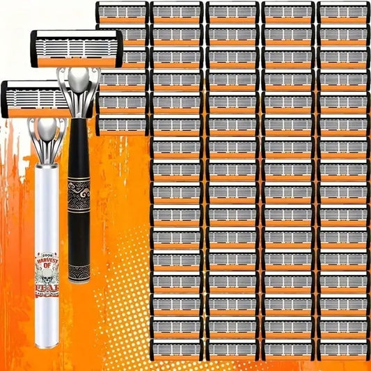 【new】 2 Handles + 72 Refills Luxury Shaving Kit | Featuring a Six-Layer Blade System, Ergonomically Designed Handles, Precision Crafted, Ideal for Beard and Mustache Grooming, Perfect Gift for Christmas, Valentine’s Day, and Other Celebrations