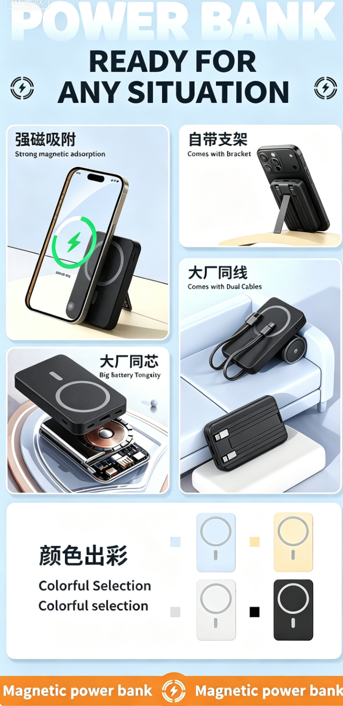 [New 2026] Fast Charging Magnetic Wireless Power Bank, 10000mAh Large Capacity Portable Charger with Built-in Cable, Compatible with iPhone 12 and Above, All Android Phones with Magnetic Charging Function
