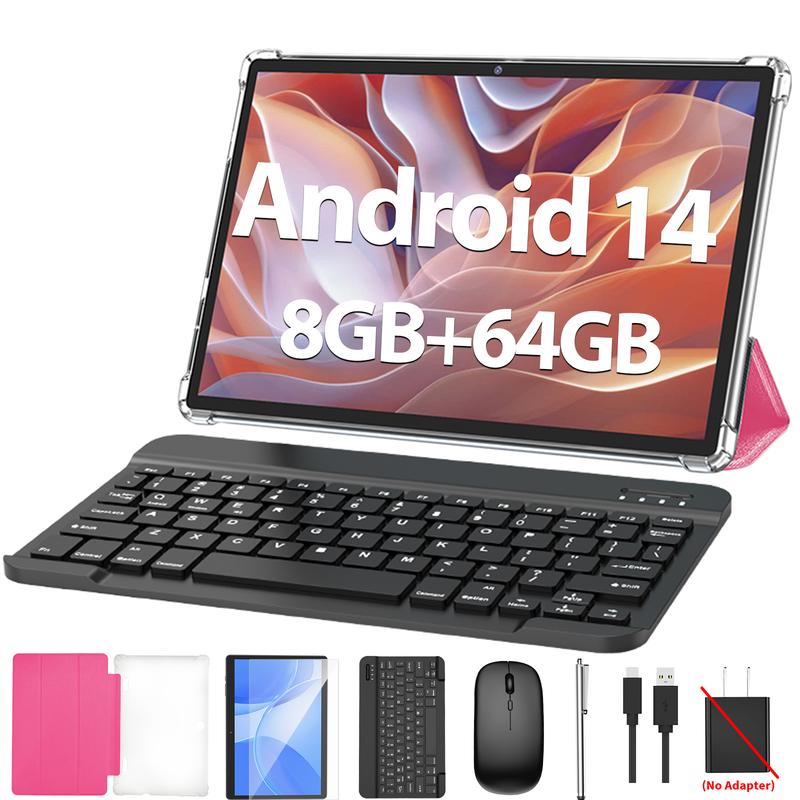 Tablet 10.1 Inch Android 14, 2 in 1 Portable Device with Keyboard, Mouse, Case, Stylus, 8(4+4)GB RAM 64GB ROM, Dual Camera, for School Gift