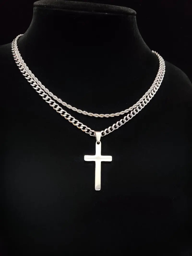 【2 pieces】Cross Pendant & Necklace Set, Cross Charm Necklace for Men & Women, Stainless Steel Jewelry for Party, Daily Clothing Decor, Trendy All-match & Exquisite Jewelry for Birthday Gift, High End Necklace