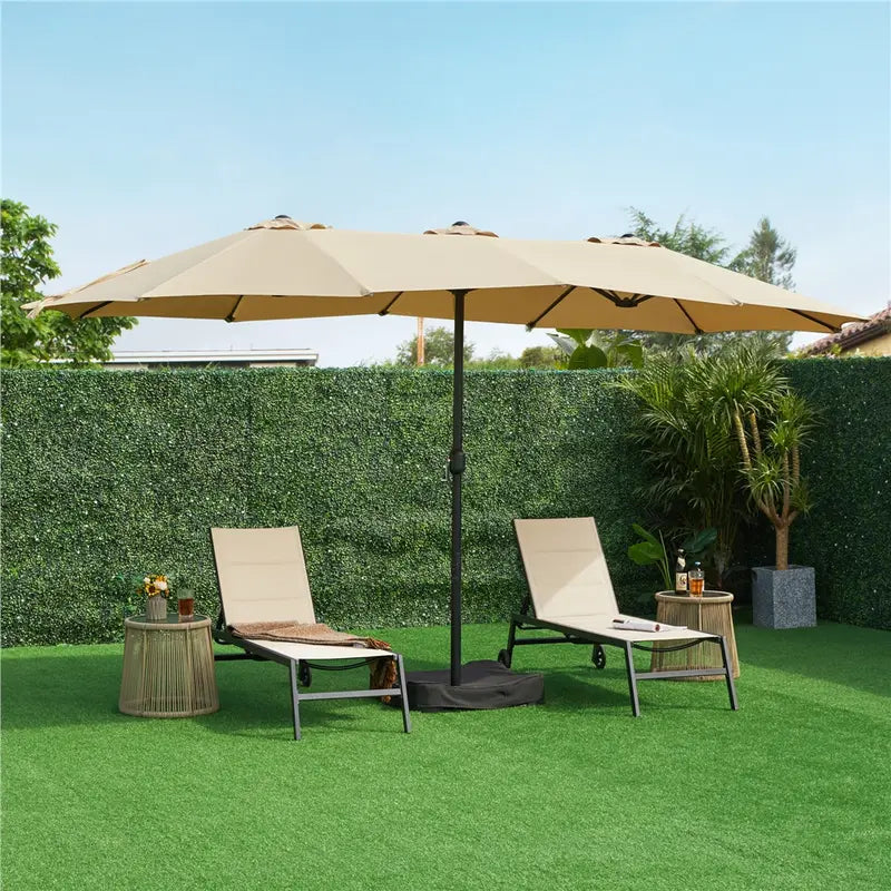 【On Sale】 15ft Heavy Duty Canopy Double Layer Cloth Patio Umbrella with 12 Ribs Hand Crank for Easy Opening 2 Sandbags Outdoor Design for Garden Pool and Lawn