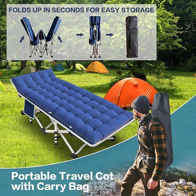 Extra Large 79in XXL Camping Cot with Mattress Folding Bed Heavy Duty Comfortable Cots for Sleeping Guest Bed with Carry Bag Portable Easy to Set-up for Home Travel Outdoor Indoor Camp