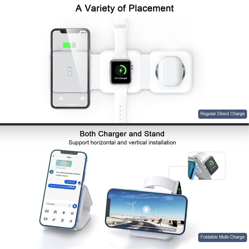 3 in 1 Wireless Charging Station for iPhone, Foldable Travel Cellphone Charger for iPhone AirPods iWatch Smartphone Christmas Gifts