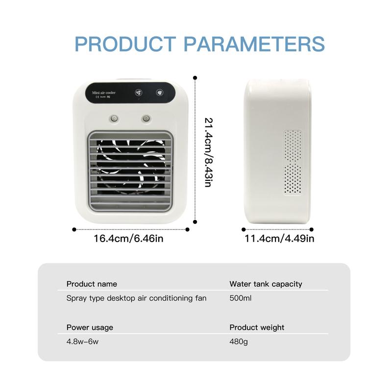 Portable Air Conditioning Fan USB Rechargeable 2 Speed Mini Quiet Air Conditioner with Touch Control & Mist Spray Desktop Cooling Fan for Room, Office, Dorm, or Home Use, 3 Second Cooling makeup cold humidifier - White