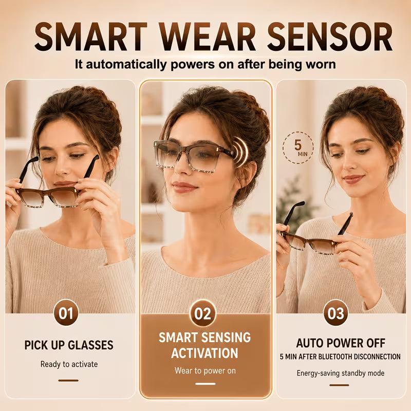 2026 New Women Cat‑Eye Smart Glasses – Bluetooth 6.0 Wireless Audio, Smart Wear Sensor, Auto‑Pairing – Perfect for Driving, Daily & Outdoor Activities