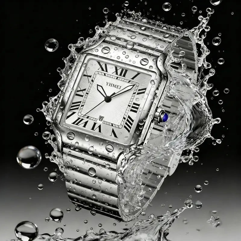 26 new Unisex Classic Square Roman Numerals Silver Analog Water-Resistant Watch suitable for Women Men Stainless Steel Strap Date Display Casual Wristwatch