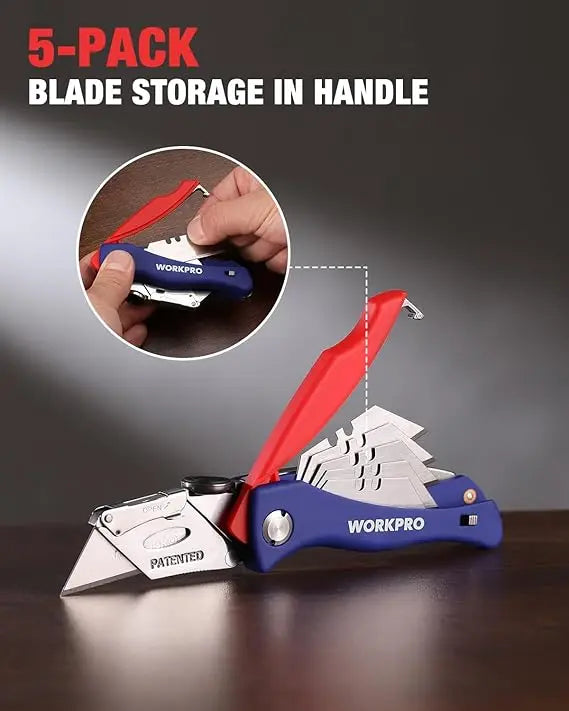 #fathersdaygift WORKPRO Folding Utility Knife, Quick-Change Box Cutter, Blade Storage in Handle with 5 Extra Blades Included image 5