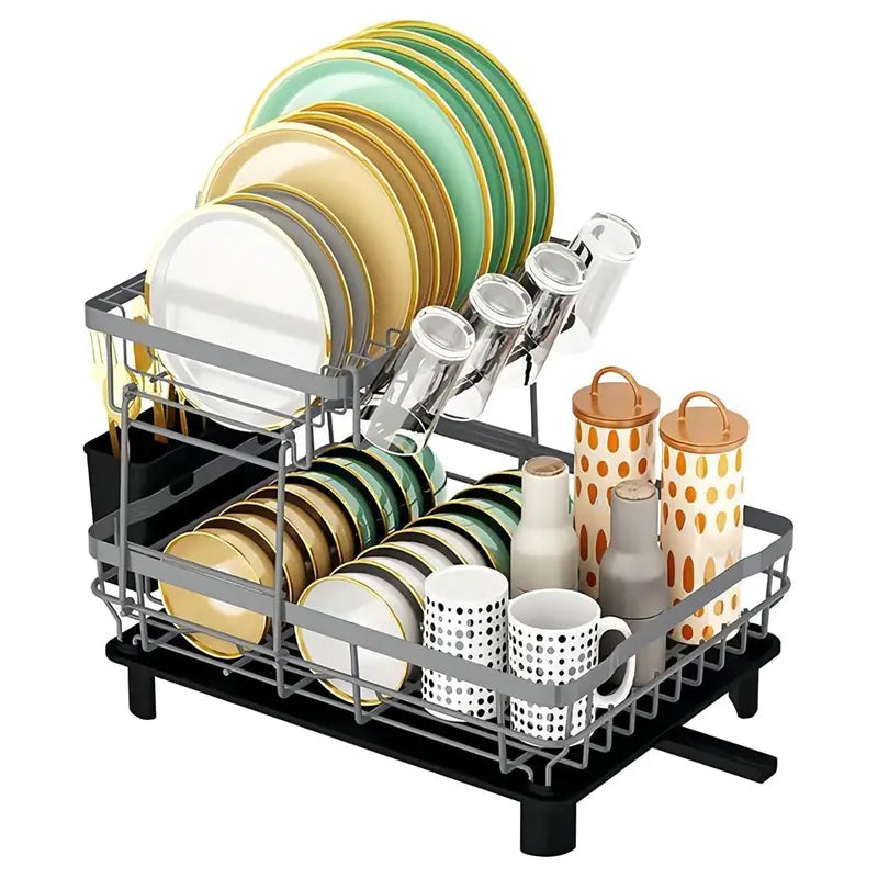 2 Tier Dish Drying Rack for Kitchen Counter Metal Dish Racks Drainers with Knife Cup Utensil Holder
